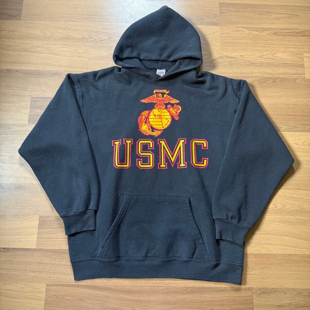 Men's Vintage 80's USMC Marine Corps Black Hoodie Pullover Sweatshirt Sz Large